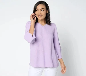 LOGO by Lori Goldstein Sz LARGE Beach to Street Gauze V-Neck Top PURPLE A652636 - Picture 1 of 5