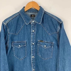 Lee Western Denim Shirt Mens Medium Blue Long Sleeve Pearl Snap Cowboy - Picture 1 of 13