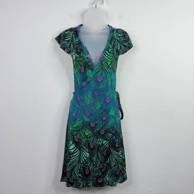 Matthew Williamson X H&M Wrap Dress Womens XS Peacock Feather Artsy Abstract Y2K - Image 1 of 4