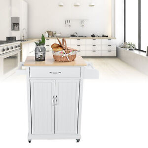 Portable Rolling Kitchen Storage Island Cart Trolley Wood Top Table in White
