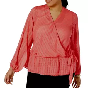Camicia da carriera rosa corallo INC taglia 1X chiffon avvolgente peplum top ufficio chiesa - Foto 1 di 12