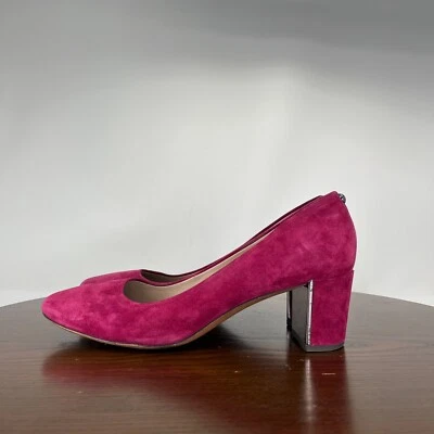 Donald Pliner Corin 泵鞋女式 10 米粉色麂皮绒一脚蹬粗跟职业 — 第 1/4 张图片