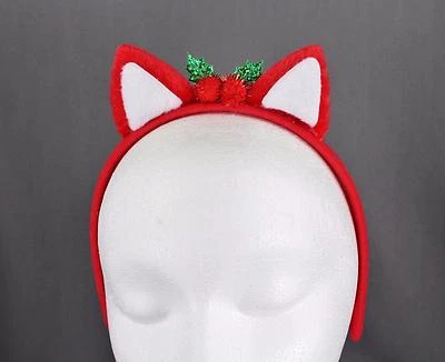 Red soft faux fur furry cat kitten ears headband hair band costume Christmas - Image 1 of 4