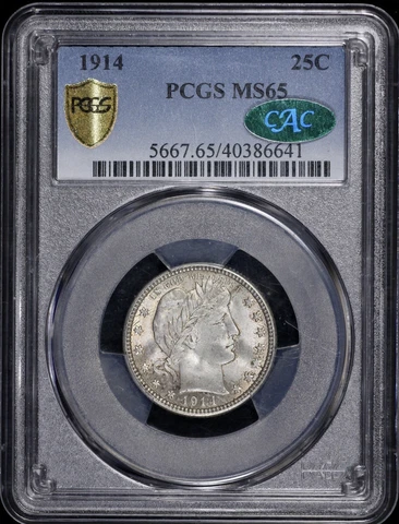 1914 Barber 25c PCGS MS 65 Quarter CAC Approved Cover