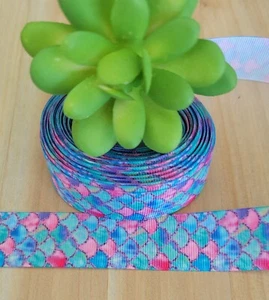 1 Inch (1 YD) Mermaid Scales Grosgrain Ribbon Sea Ocean Tropical Beach Mermaid - Picture 1 of 2