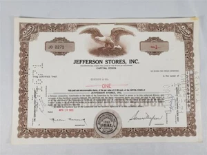 Certificado de stock Jefferson Stores, Inc. 1 acción 18 de abril de 1969 - Original - Imagen 1 de 2