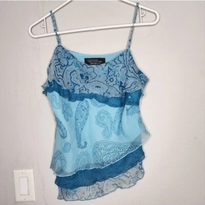 Y2K 90s Silk Spaghetti Strap Top Blouse Blue Paisley Bead Sequin Hippie Dainty  - Image 1 of 4