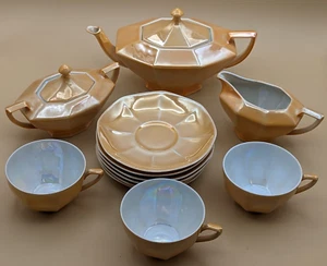 Vintage VICTORIA Czechoslovakia TEA SET Peach Lusterware China 14 Pc - Picture 1 of 24