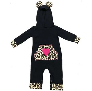 Girls Long Sleeve Leopard Heart Baby Toddler Romper Hoodie One Piece - Picture 1 of 7