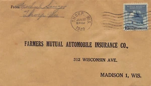 Wisconsin Cover 1949 THORP to Farmers Mutual Auto Insurance Madison - Picture 1 of 3
