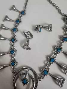 Vintage faux Turquoise Squash Blossom Necklace Matching Clip On Earrings - Picture 1 of 3