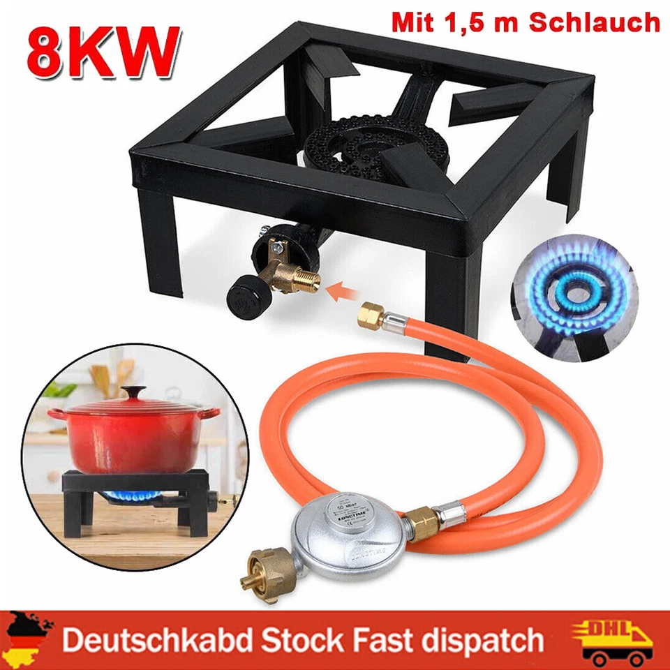 Hockerkocher Gaskocher Gasbrenner Campingkocher Wok 8kW Schlauch Druckminderer - Bild 1 von 4