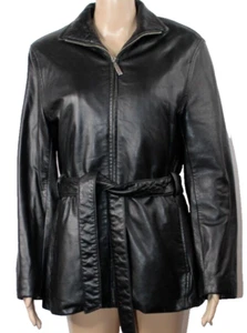 Adler Black Leather Jacket Removable Lining Pockets Belted Zip Collar M - Picture 1 of 13