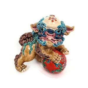 Chinese Fu Foo Dog Shishi Guardian Lion Sancai Glazed Ceramic Figurine 5" height - Picture 1 of 8
