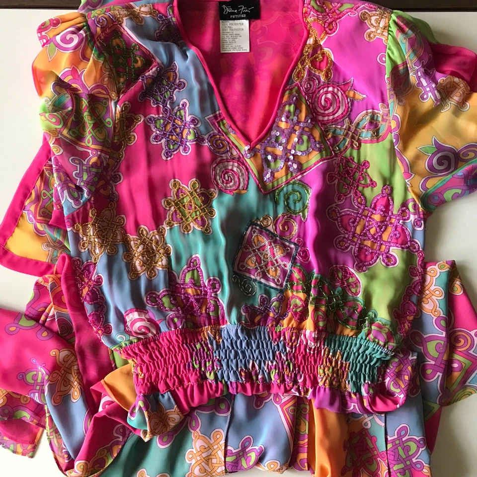 Vestido midi vintage anos 70 anos 80 Diane Freis rosa brilhante vermelho laranja corpete frisado tamanho P/M - Imagem 1 de 4