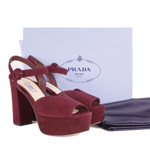 38.5 NEW $850 PRADA Garnet Suede Leather Ankle Strap CHUNKY BLOCK HEELS SANDALS - Picture 1 of 12