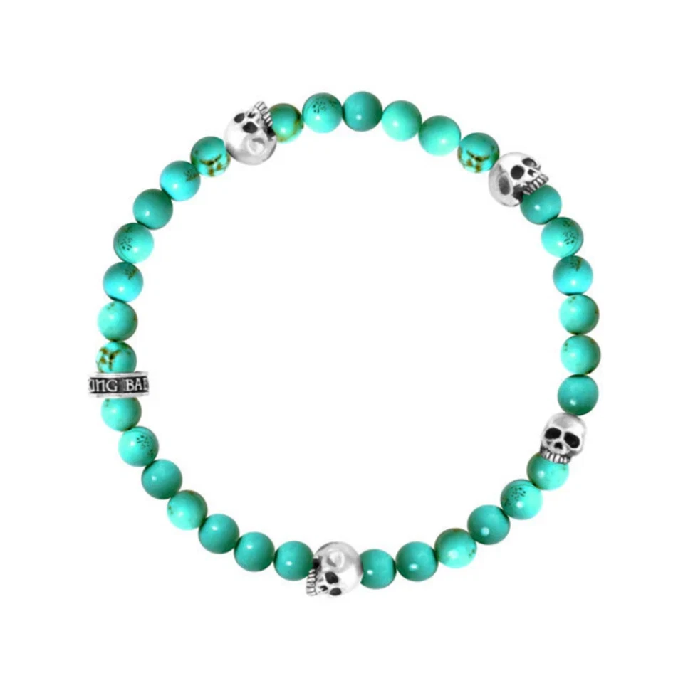KING BABY Q40-5528-TUR 6 mm Turquoise Bead Bracelet w/4 Skulls 7.5" - Image 1 of 1