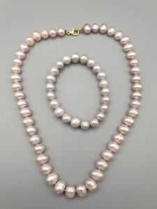 Juego de cadena de perlas de agua dulce con cierre de oro 585 y pulsera - Imagen 1 de 13