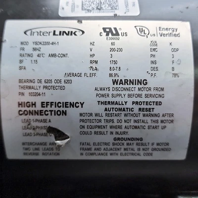 Lennox Blower Motor 3HP 230V 3PH 1750RPM 16P88 103204-11 YSDK2200-4H-1 - Image 1 of 4