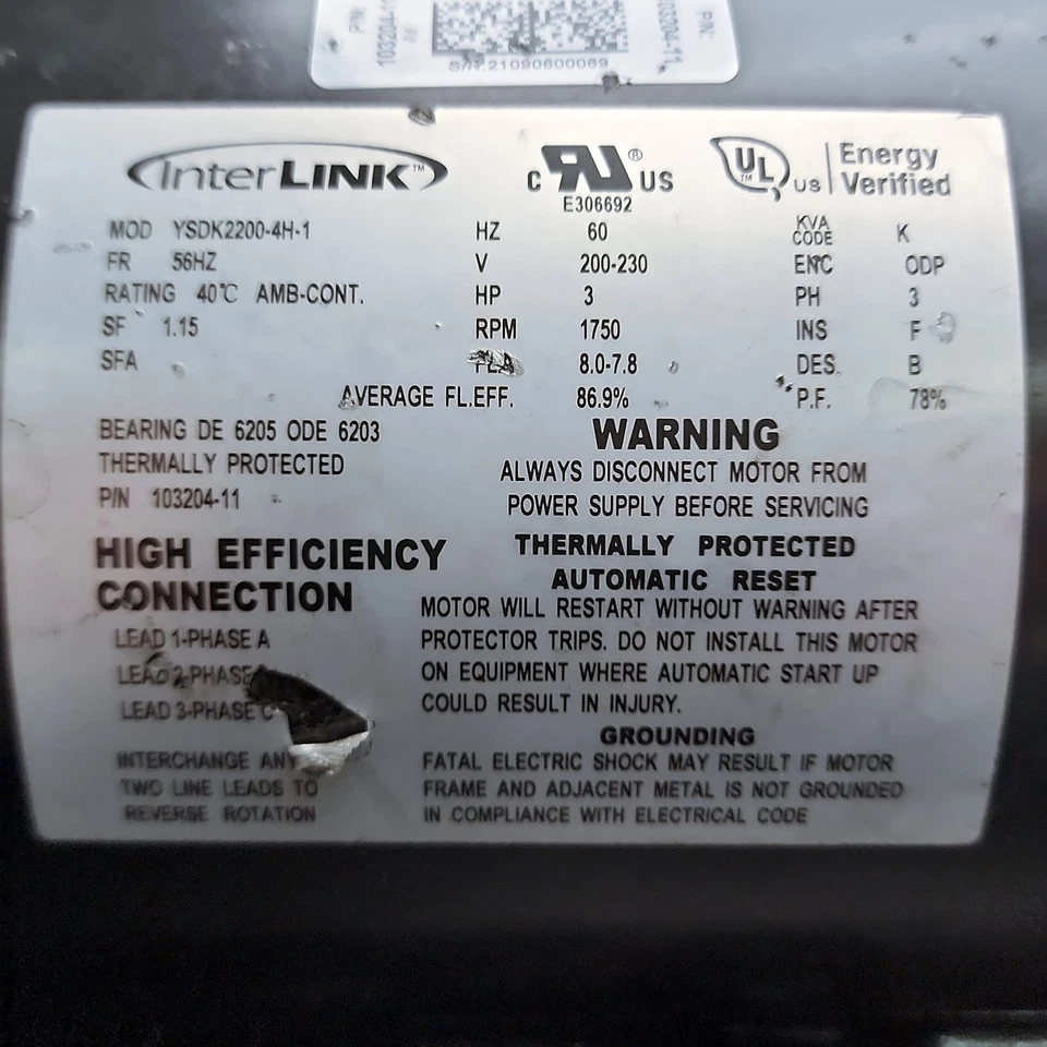 Lennox Blower Motor 3HP 230V 3PH 1750RPM 16P88 103204-11 YSDK2200-4H-1 - Image 1 of 4