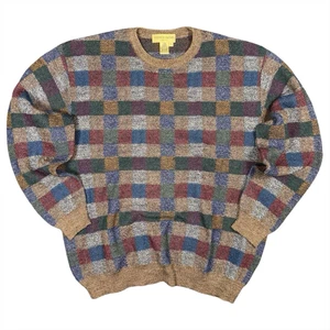 VTG 90s Tricots St Raphael Wool Sweater Mens L Uruguay Checkered Merino Pullover - Picture 1 of 7