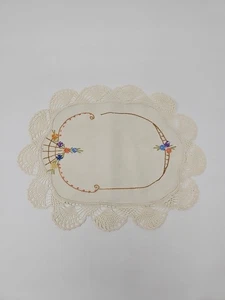 Vintage Baumwolle Leinen Häkel Stickerei Handarbeit Beige Blumen Deckchen Schal - Bild 1 von 6