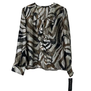 NWT Anne Klein Women Silk Ruffle Front Top Size 14 Animal Print Office Work Gift - Picture 1 of 6