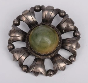 Vintage Taxco mexikanische Sterlingsilber grüner Stein Brosche Anstecknadel 27 g - Bild 1 von 8