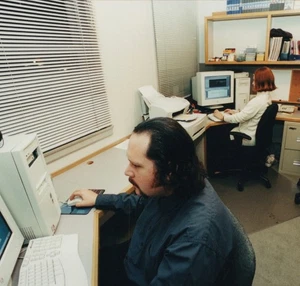 1990s Office Workspace Men Woman Computers Typewriter CRT Monitor - Picture 1 of 3