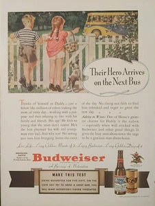 1940 vintage Budweiser print Ad, Hero Arrives On The School Bus - Picture 1 of 1
