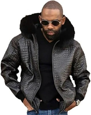 Men's Black Real Leather Jacket Crocodile Pattern Jacket Fur Hood Biker Coat - Image 1 of 4