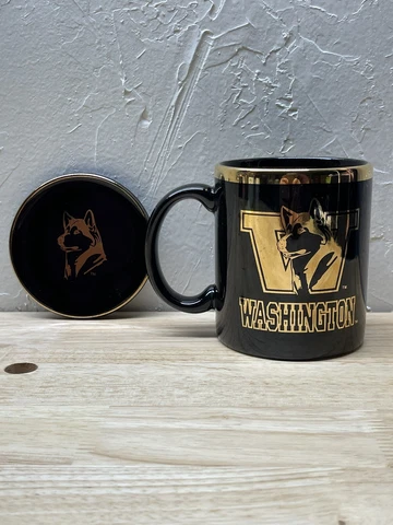 Washington Huskies Mug With Lid Cover UW Black Gold Coffee Tea Cup Vintage 95-01 Cover