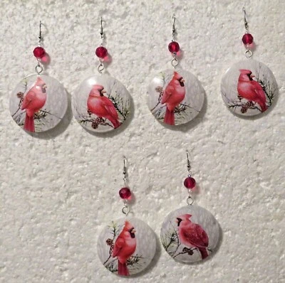 Male Cardinal Earrings Winter Scene 3 1/4" Hook Dangle Red Accent - Image 1 of 4