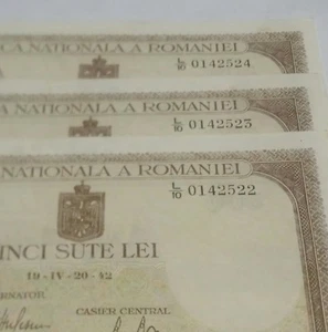 1942 ROMANIA 500 Lei. Lot of 3 Consecutive Serial Number Notes. Unc- very rare - Picture 1 of 3
