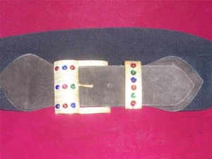 Retro Black Wide Elastic and Suede Belt with Large Gold Jeweled Buckle  Vintage - Picture 1 of 1