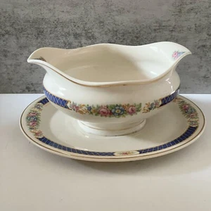 Vintage Syracuse China Old Colony Rose Floral Blue Trellis Attached Sauceboat - Picture 1 of 9