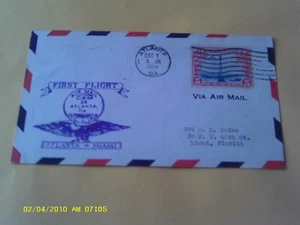 RARE 1928 POSTCARD SIZE ENVELOPE FIRST FLIGHT AIR MAIL AIRPLANE ATLANTA TO MIAMI - Picture 1 of 4