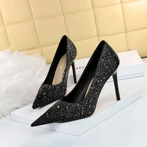 Women's Pointed Toe Rhinestones Bling Decor High Stiletto Heels Pump Court Shoes - Picture 1 of 9