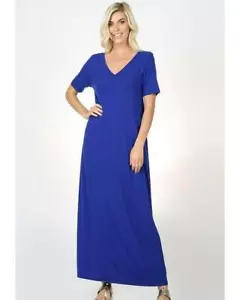 Keeping It Comfy Short Sleeve V-Neck Neck Maxi T-Shirt Dress in Denim Blue - Picture 1 of 3