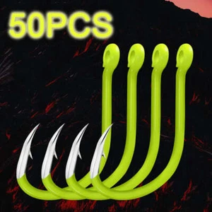 50pcs Fluorescent Fishing Hooks Barbed Single Circle Carp Hook Carbon Steel - Bild 1 von 16