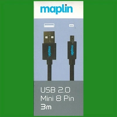 Maplin 3M USB 2.0 to USB Mini 8 Pin Cable, Black For Legacy Older Digital Camera - Image 1 of 4