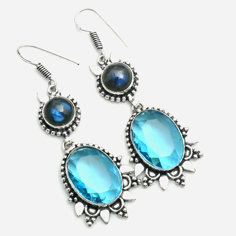 Pendientes colgantes colgantes de piedras preciosas de labradorita de topacio azul joyería regalo 2,2" AE-11071 Foto 1 de 1