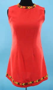 VTG Women's 60s Red W/ Multi Color Embroidered Trim Mini Shift Dress M/L 1960s - Picture 1 of 19