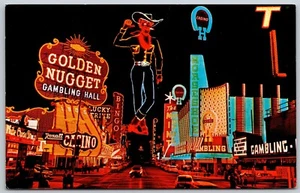 Postcard NV Las Vegas Fremont St Horseshoe Club Golden Nugget Neon Cowboy Night - Bild 1 von 2