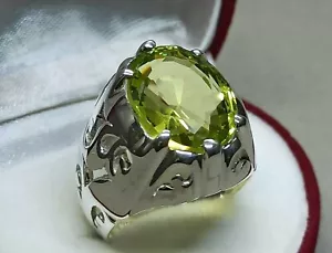 Oval Cut 13 Ct Pale Green Peridot Sterling Silver 925 Handmade Beryl Mens Ring - Picture 1 of 12