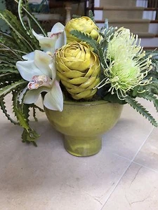 NDI Faux Floral Natural Decorations Ginger Cymbidium & Protea Ceramic Green Vase - Picture 1 of 10