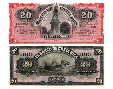 Costa Rica 1899:1906 2 NOTES, Pesos & Colones Remainder, Unc. Vibrant Color Cover