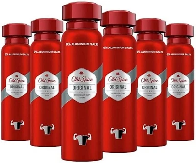 Old Spice Original Deodorant Body Spray For Men 150 ml x 6, 48H Fresh, 0% Salts