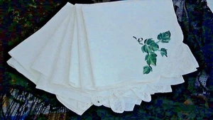 Grn Leaf Print Battenburg Corner Cockl/Lunch Naps Set 6 W 16.5 x 16.5 Cott W/D - Picture 1 of 4