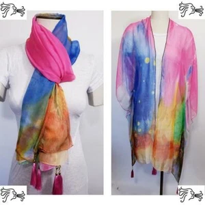 Women Magenta Blue Yellow Scarf Kimono One Size Polyester Lightweight Tassels - Picture 1 of 4
